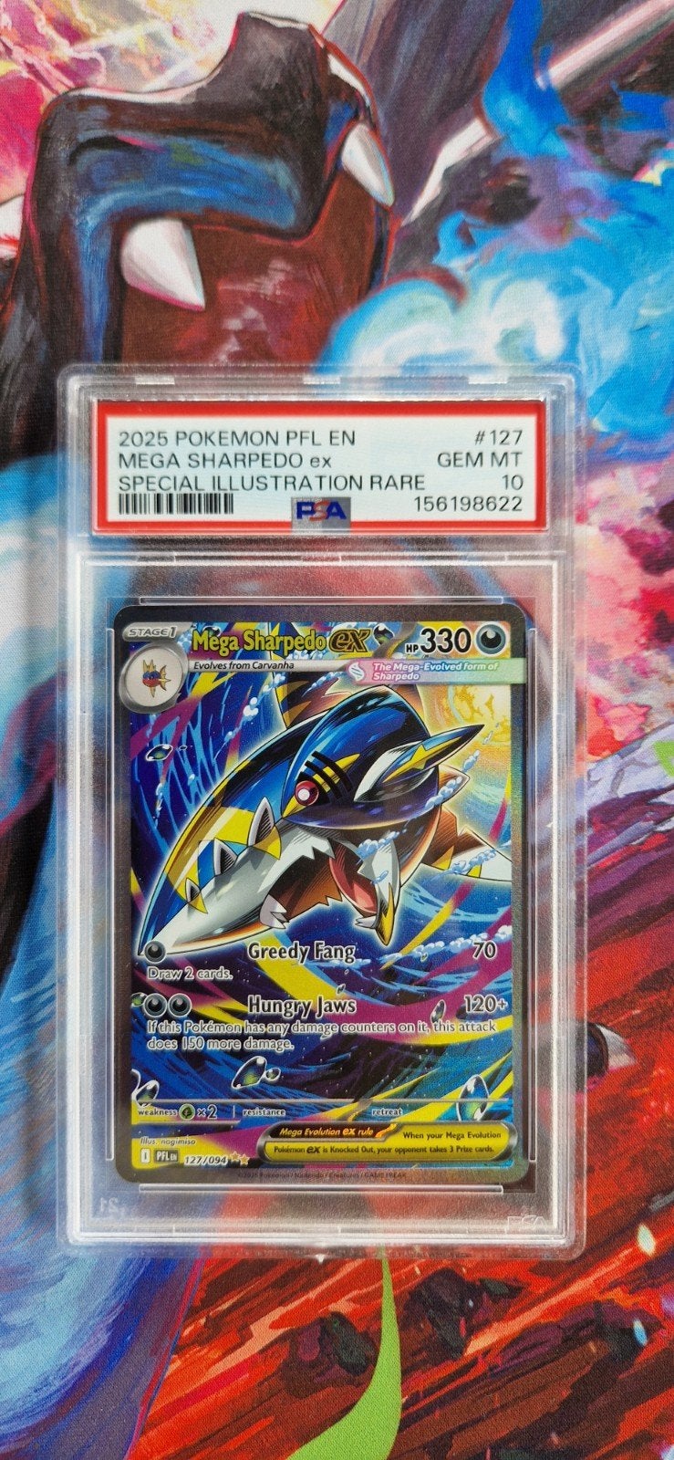 Mega Sharpedo EX 2025 PFL EN PSA 10 GEM MINT, Ophalen of Verzenden, Nieuw, Losse kaart