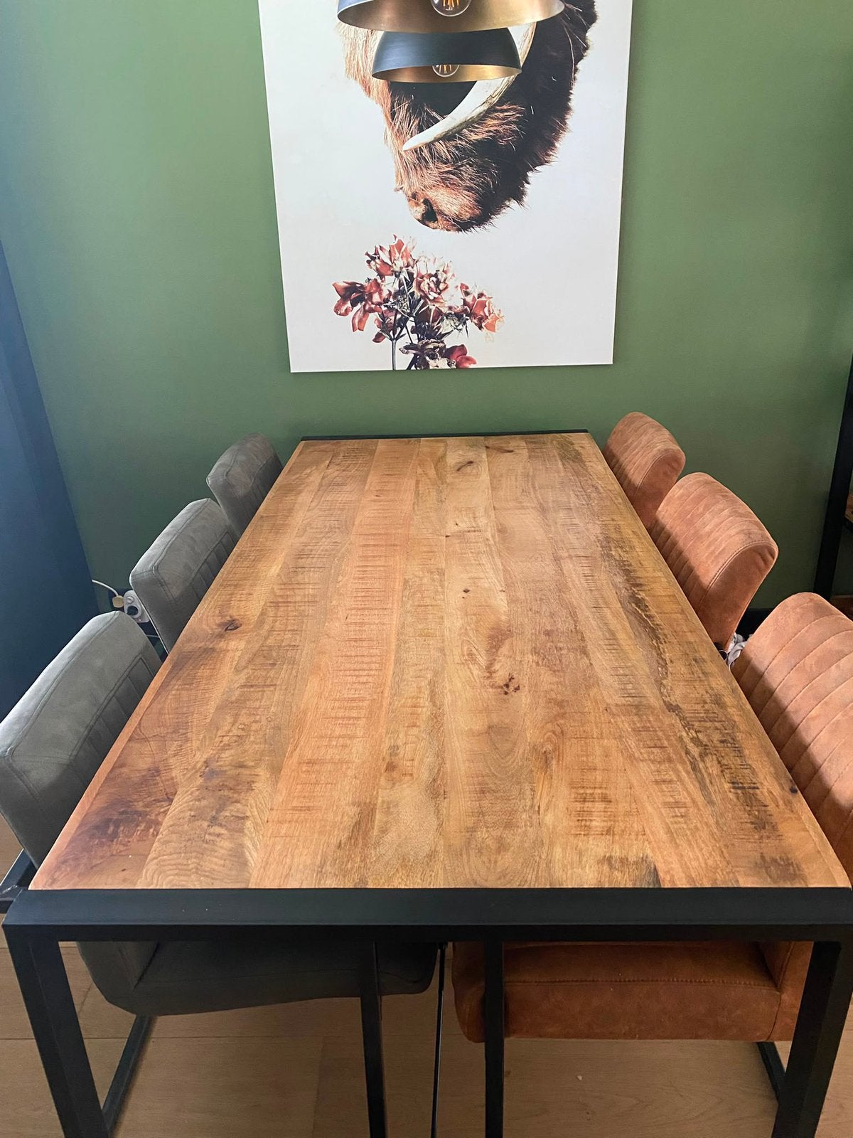 Mango houten/industrieel Eettafel met stoelen, Ophalen, Zo goed als nieuw, 4 tot 6 stoelen