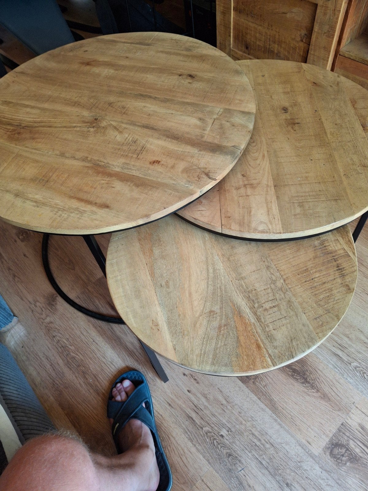 Set van 3 Teakhouten Salontafels - Rond en Robuust, Huis en Inrichting, Tafels | Salontafels, Gebruikt, 50 tot 100 cm, 5 – 50