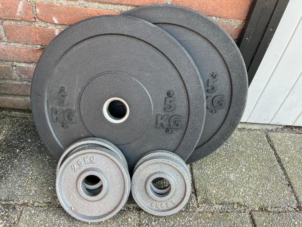 Halter,, bankje, squat- en press rek met 167kg bumperplates, Ophalen, Gebruikt, Armen, Halterset