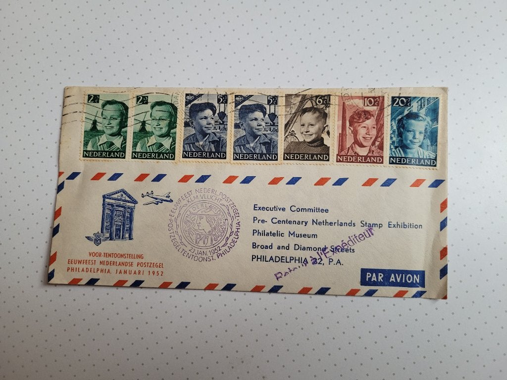 Envelop 23 jan. 1952 tgv eeuwfeest Nederlandse postzegels, Ophalen of Verzenden, Na 1940, Gestempeld