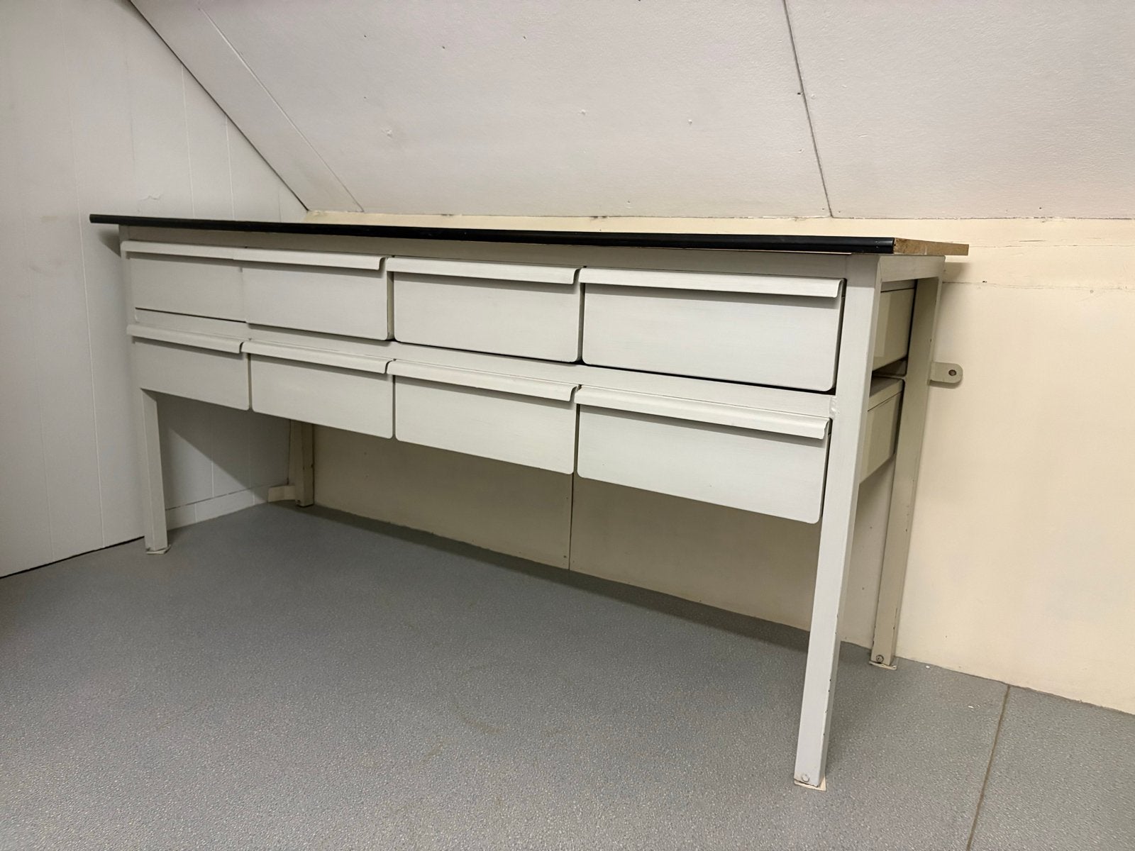 Stevige metalen werkbank met 8 laden – vintage / industrieel, Ophalen, Gebruikt, 100 tot 150 cm, 75 cm of meer