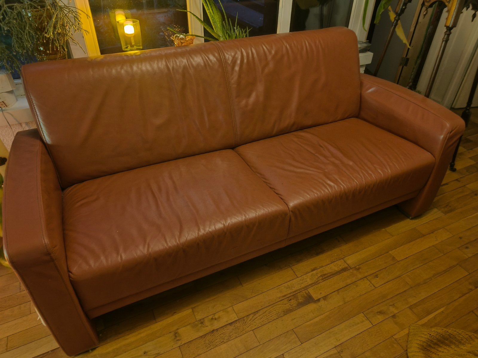 Comfortabele Leren Bank - Bruin, Gebruikt, 150 tot 200 cm, Tweepersoons, Ophalen of Verzenden