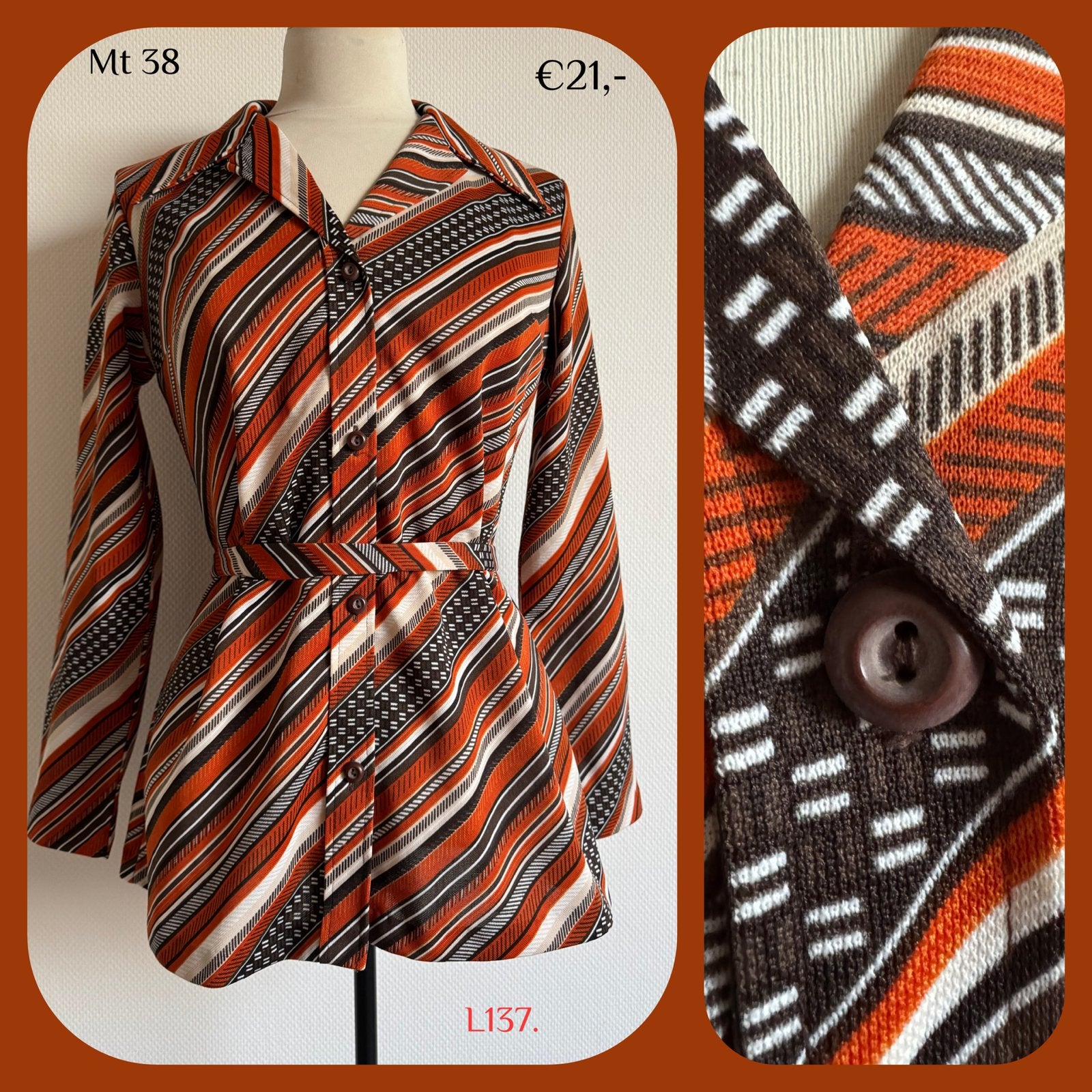 L137. Vintage blouse mt 38, Maat 38/40 (M), Vintage kleertjes, Oranje, Ophalen of Verzenden