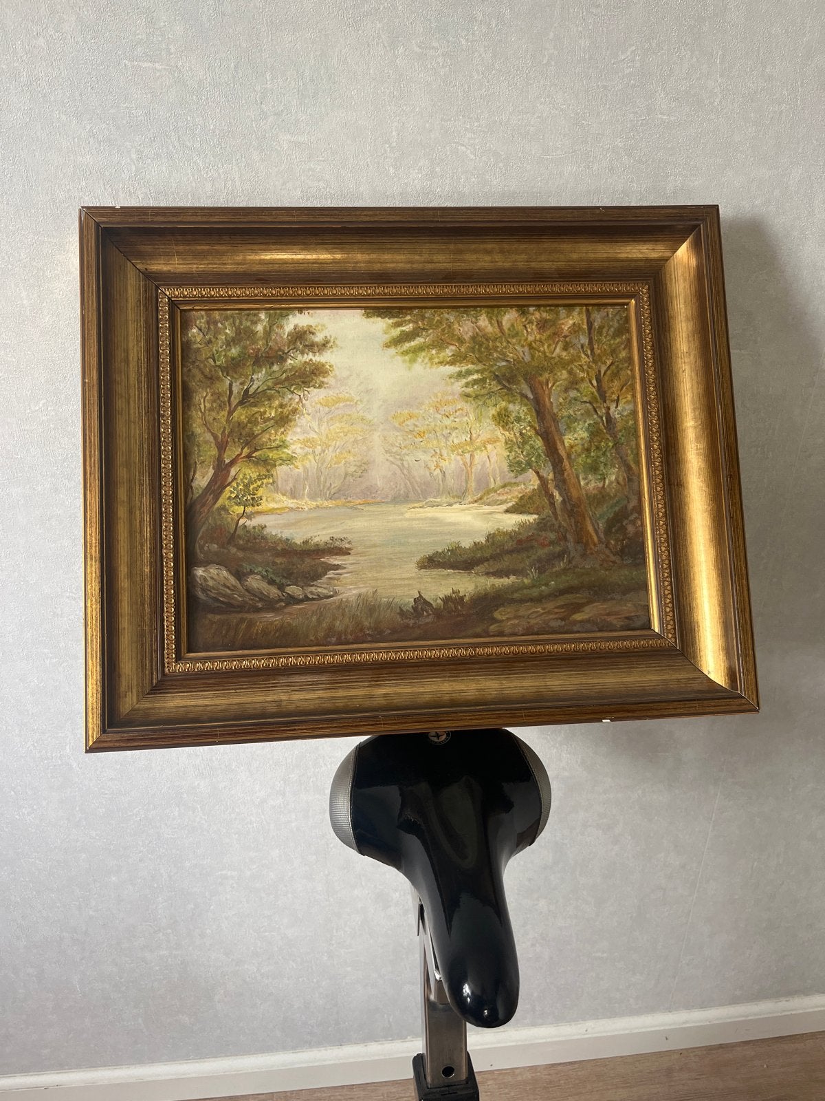 Schilderij met boslandschap en water, uit erfenis oma, Antiek en Kunst, Doek, Ophalen of Verzenden, Landschap, Olieverf
