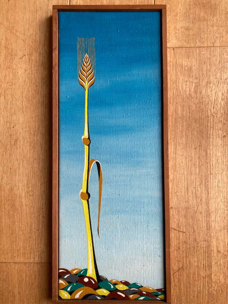 Vintage Schilderij: Korenaar op Blauwe Achtergrond, Antiek en Kunst, Verzenden