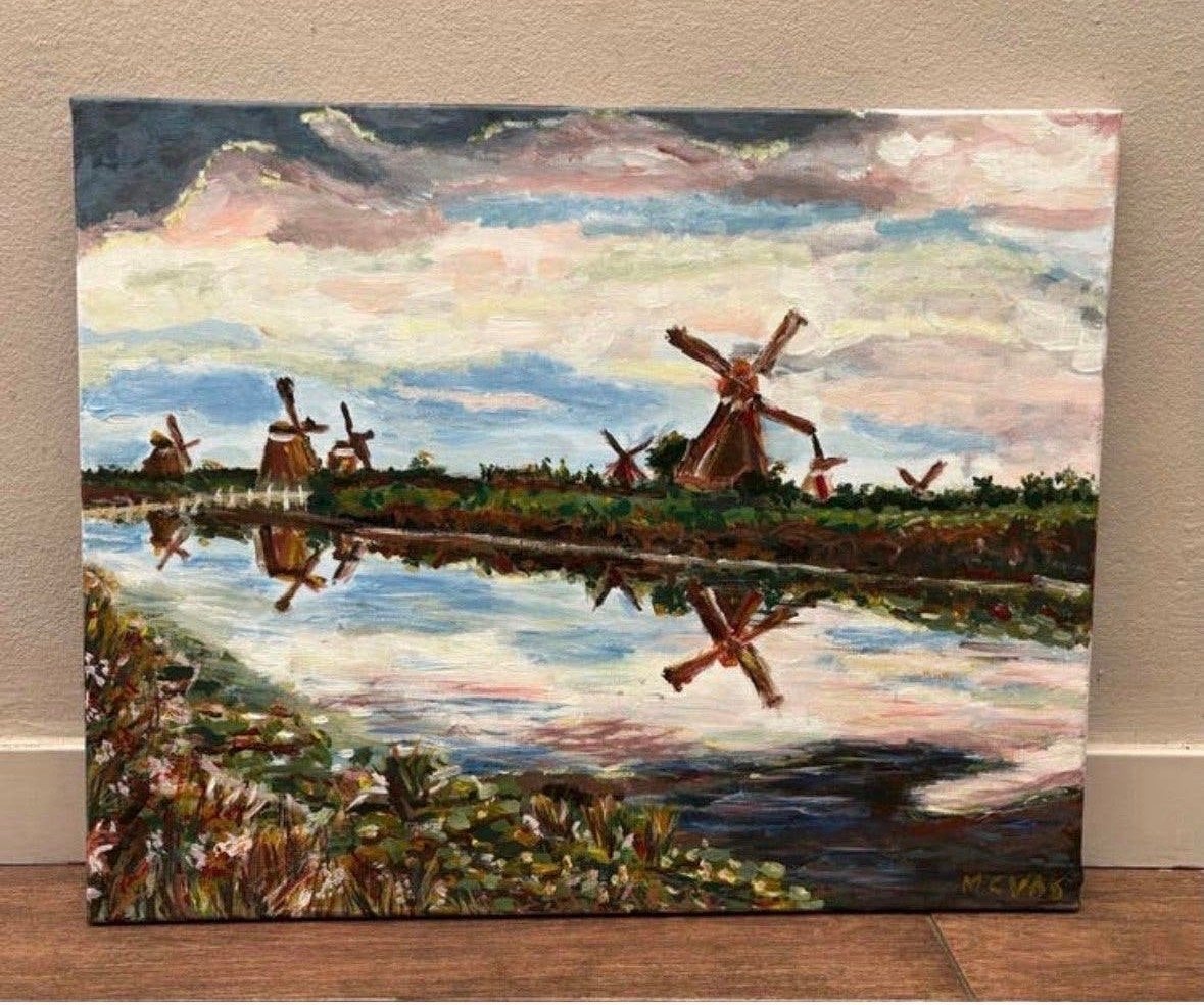 Schilderij Kinderdijk 40x50 cm - Molens aan het water, Antiek en Kunst, Kunst | Schilderijen | Klassiek, Ophalen, Acrylverf, Doek