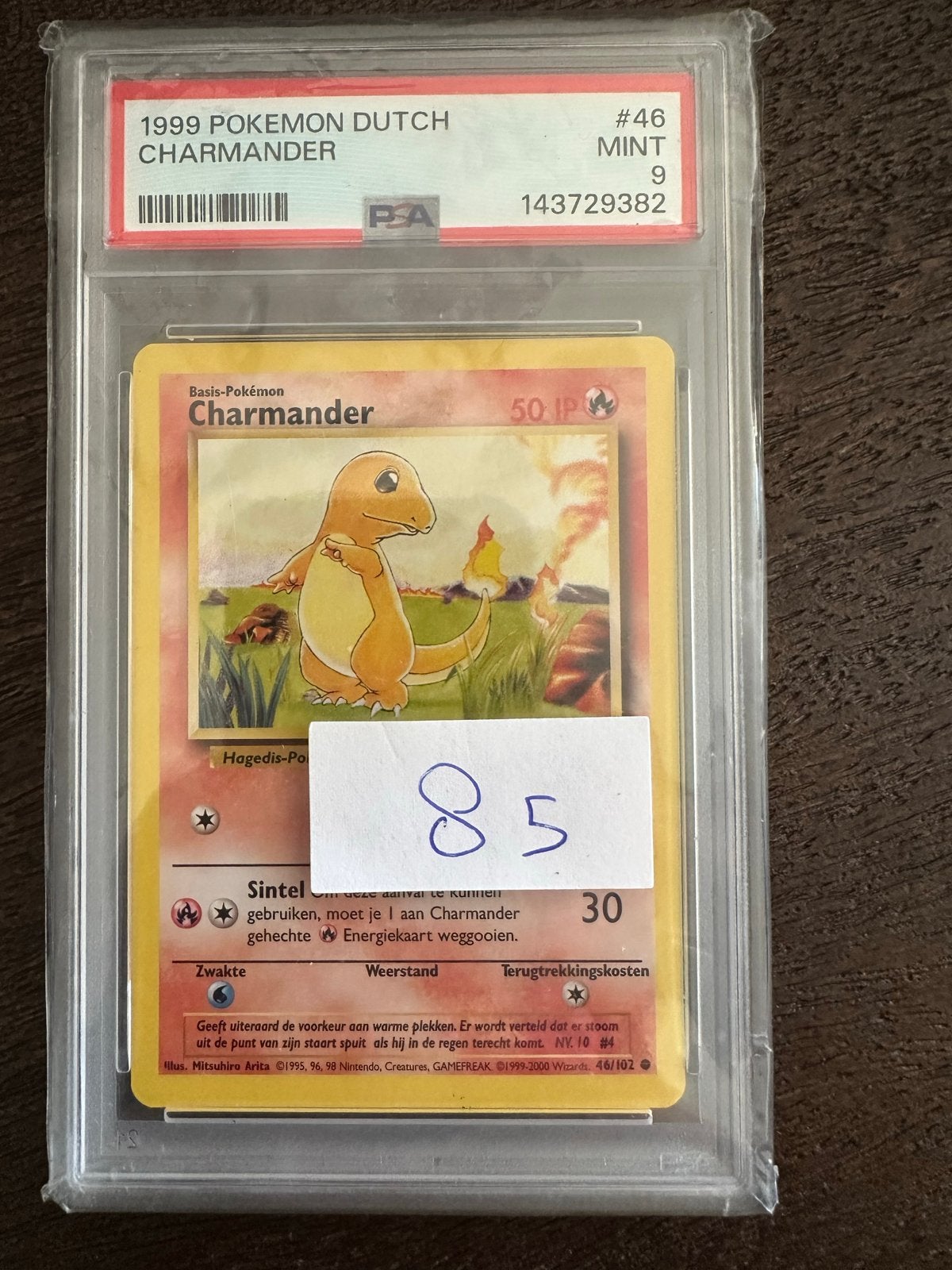 1999 Pokémon Charmander PSA 9 MINT - Nederlandse Kaart, Ophalen of Verzenden, Zo goed als nieuw, Losse kaart