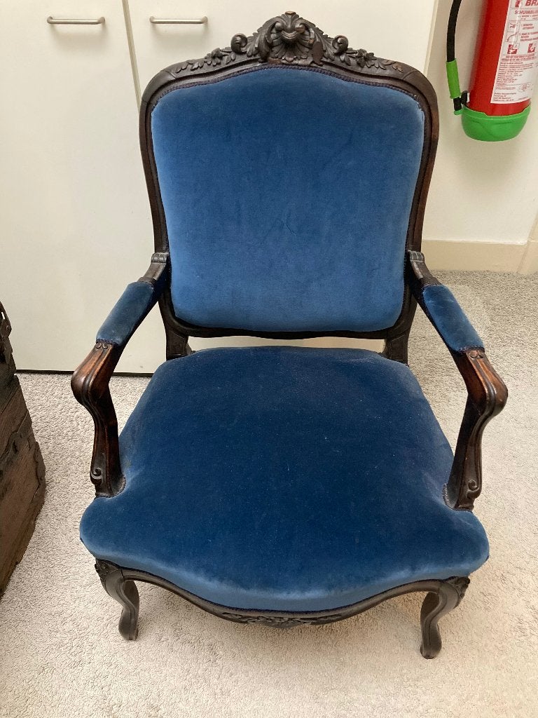 Blauw fauteuil; antiek; brocante, Ophalen