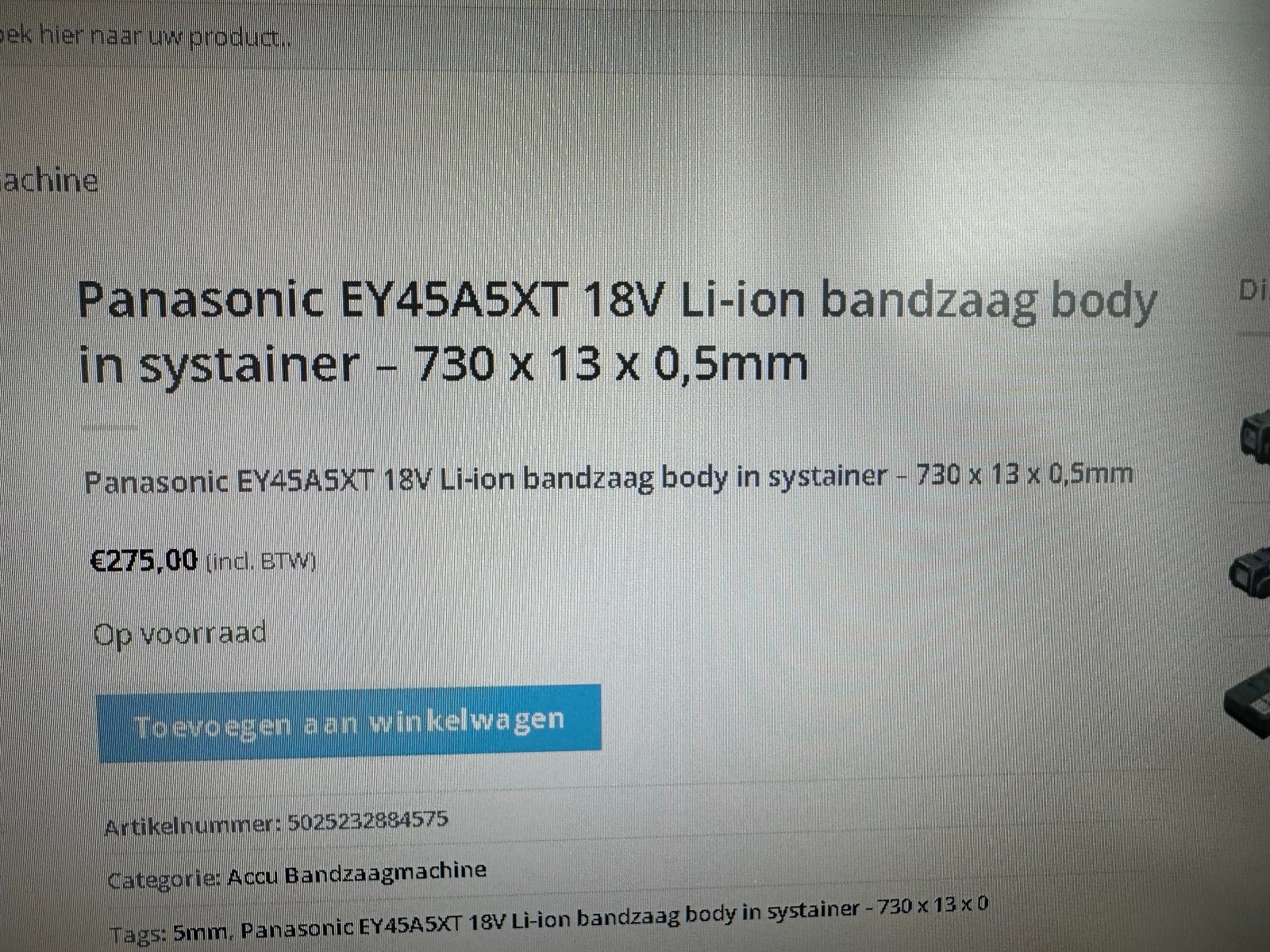 Panasonic EY45A5XT 18V Li-ion bandzaag body in systainer, Doe-het-zelf en Verbouw, Gereedschap | Zaagmachines, 70 mm of meer, Overige typen