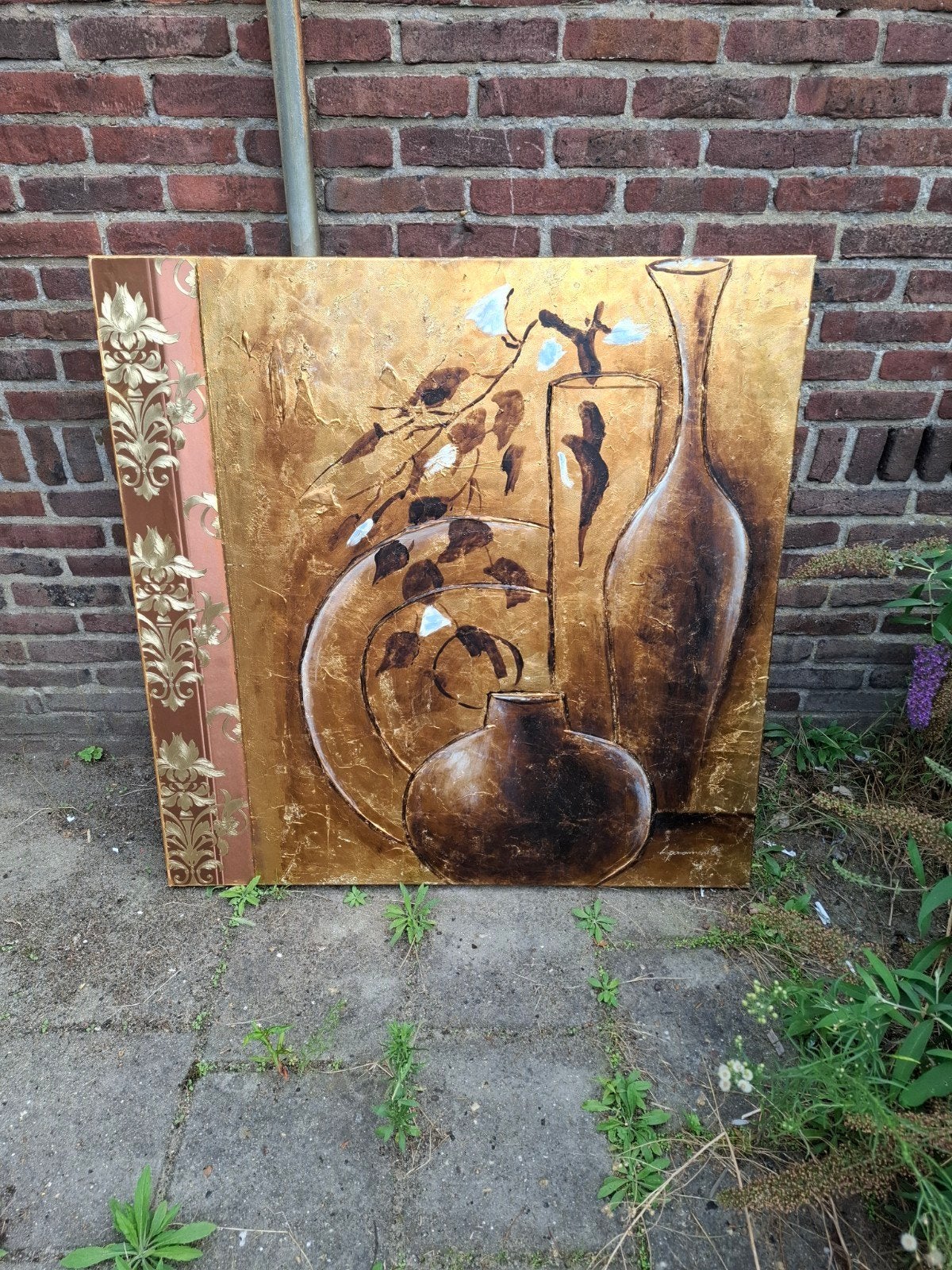 Goudkleurig schilderij met vazen en bloemen, Ophalen, Stilleven, Gemengde techniek, Overige materialen