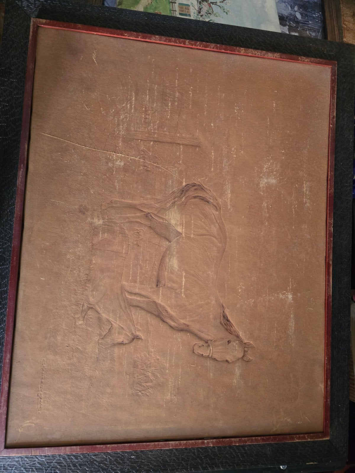 Uniek geëtst leren brandmerk: Paard met veulen (1976), Antiek en Kunst, Ophalen