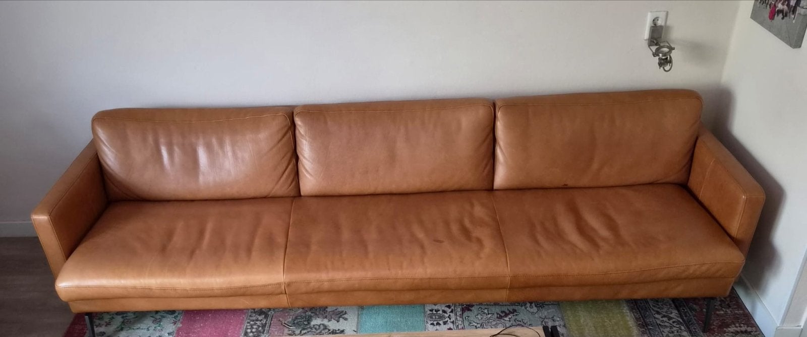 Leren 4/5-zitsbank en fauteuil + 3 schapenhuiden, Huis en Inrichting, Ophalen, Gebruikt, 300 cm of meer, Rechte bank