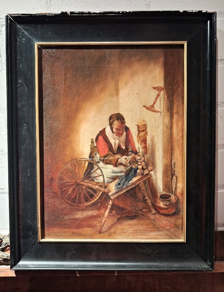 olieverfschilderij "De Spinster" naar Nicolaes Maes 19e-eeuw, Doek, Portret of Personen, Ophalen of Verzenden, Olieverf