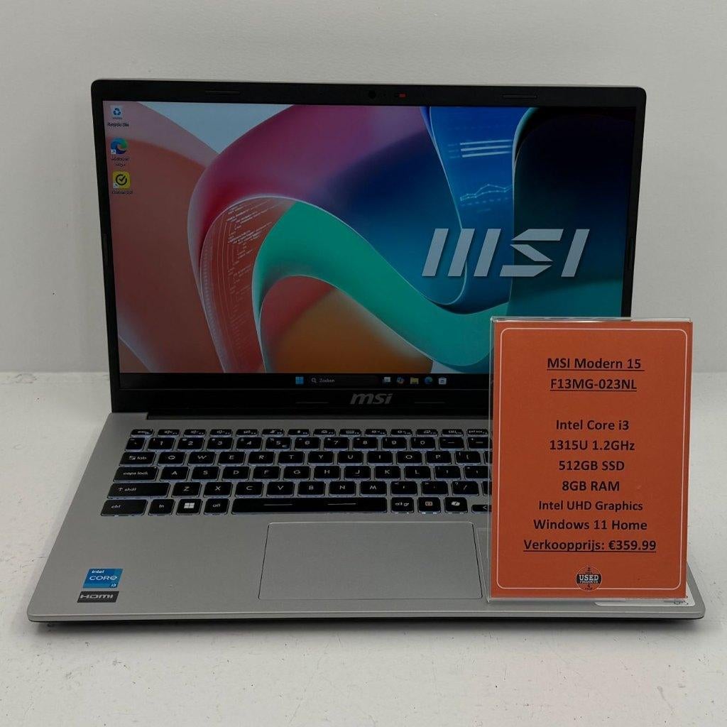 MSI Modern 15 F13MG-023NL laptop | i3 8GB RAM 512GB SSD, Met videokaart, 2 tot 3 Ghz, Toulonselaan 72, Zo goed als nieuw
