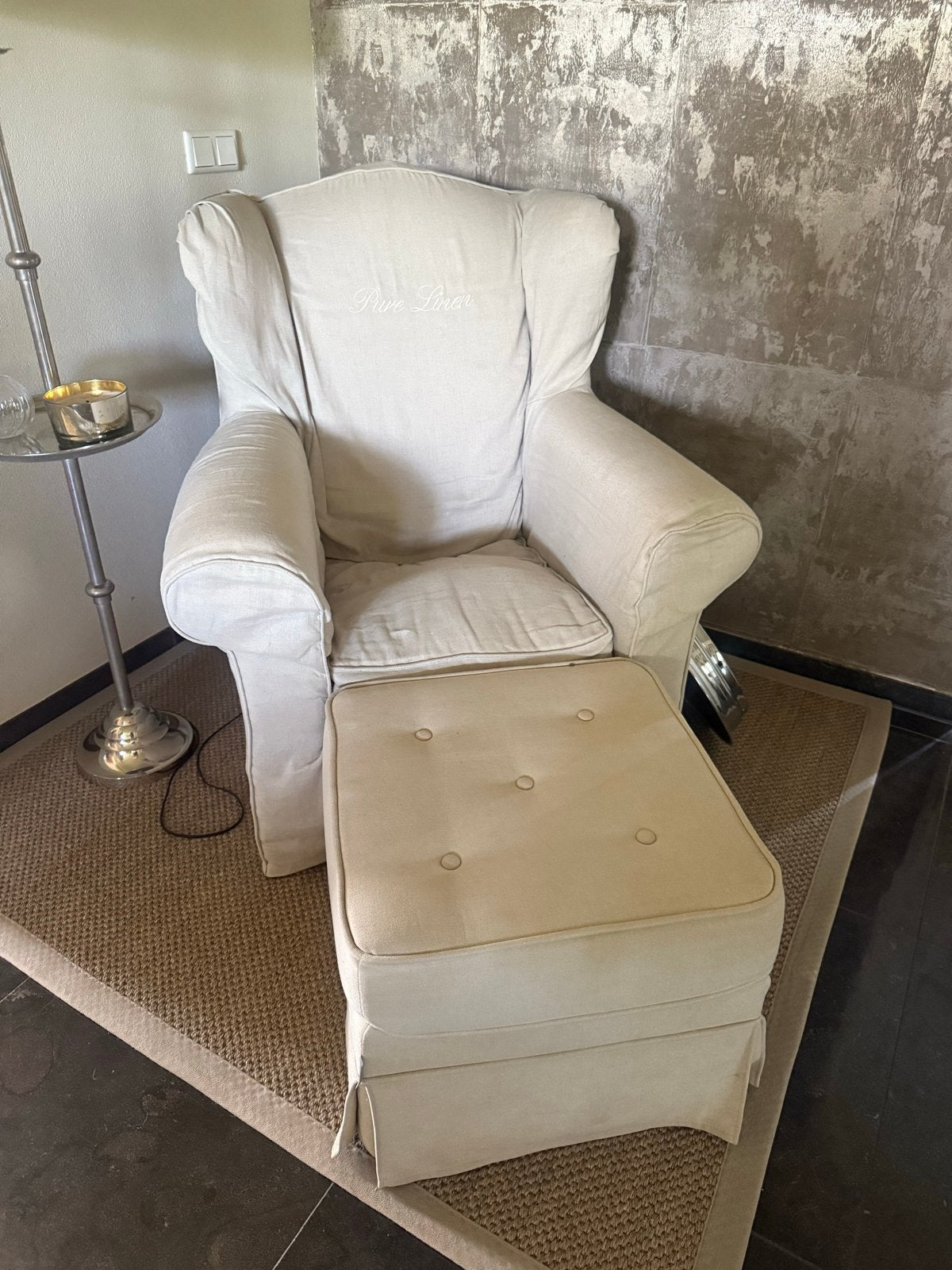 Riviera Maison fauteuil met voetenbank - Pure Linen, Huis en Inrichting, Fauteuils, Ophalen, Gebruikt, Stof, 75 tot 100 cm