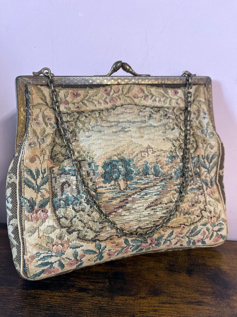 Vintage of antieke Gobelin Handtas met Landschap en Bloemen, Ophalen of Verzenden, Dames