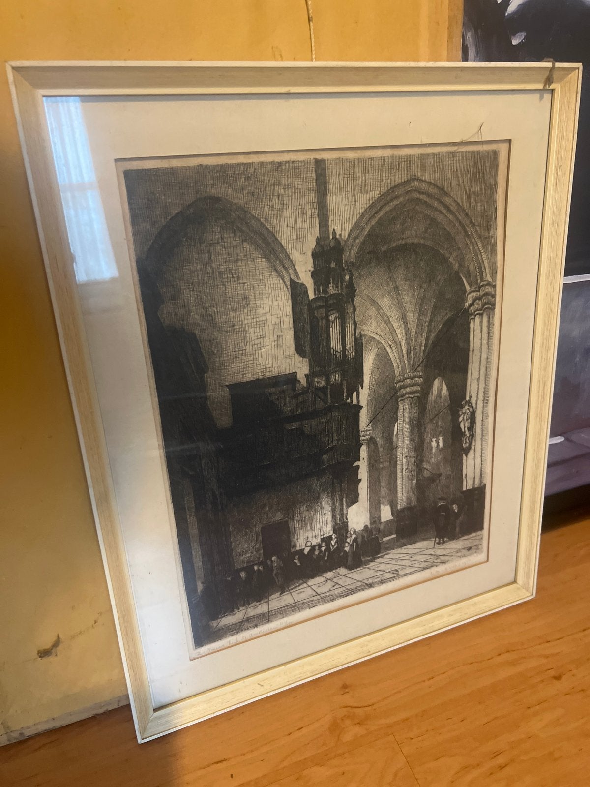Antieke ets van kerkinterieur, mogelijk 1770-1840, Ingelijst, Ets, Architectuur, Ophalen of Verzenden