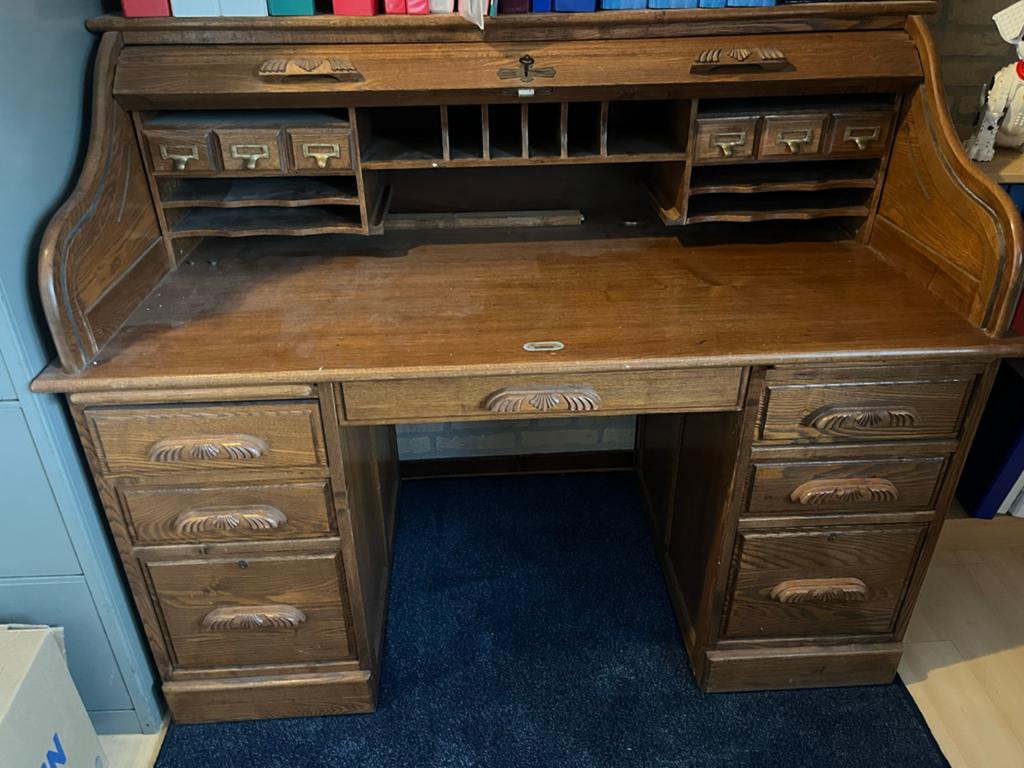 Antiek Eiken Roltop Bureau/Secretaire, Ophalen