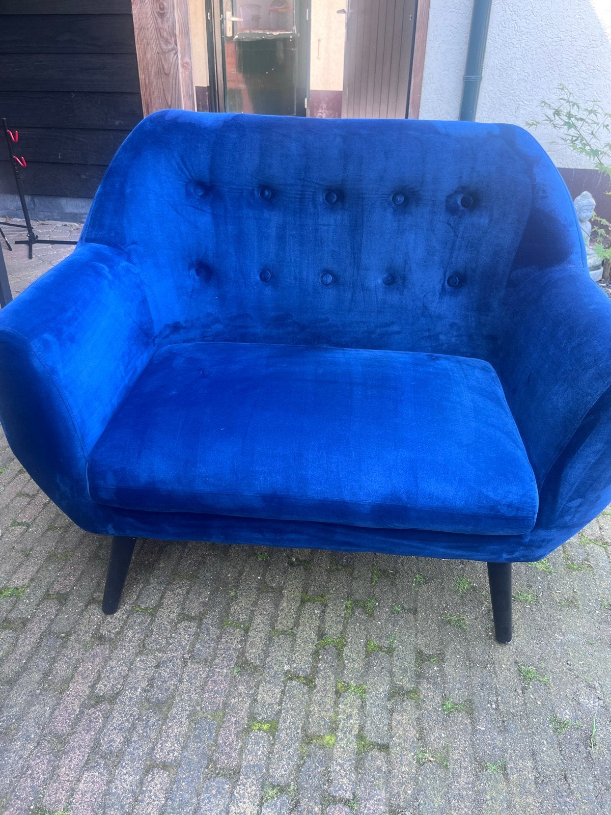 Prachtige blauwe fluwelen tweezitsbank - Zo goed als nieuw, Ophalen, Minder dan 75 cm, Tweepersoons, Zo goed als nieuw