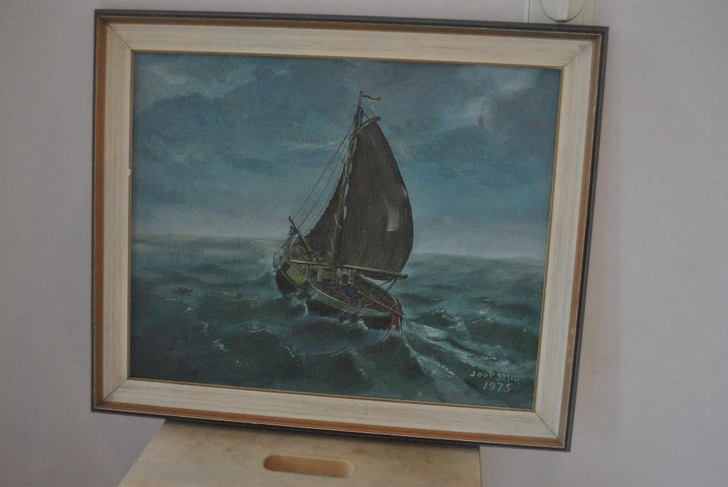 Schilderij, Zeilboot op zee, olieverf op doek,Joop Smid 1975, Ophalen