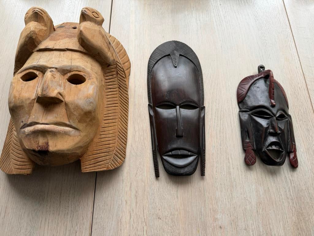 3 vintage houten maskers, Antiek en Kunst, Curiosa en Brocante, Ophalen of Verzenden
