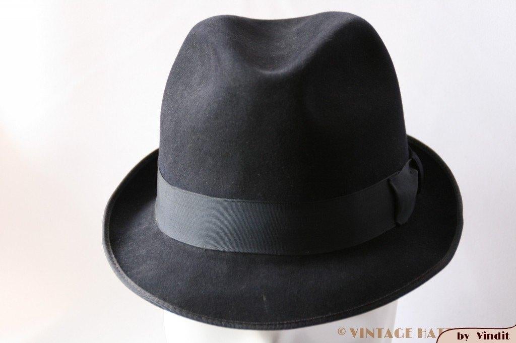 Vintage Gleufhoed Resistol donker blauw 55 = S tot XS, Hoed, Ophalen of Verzenden, 57 cm (M, 7⅛ inch) of minder, Gedragen