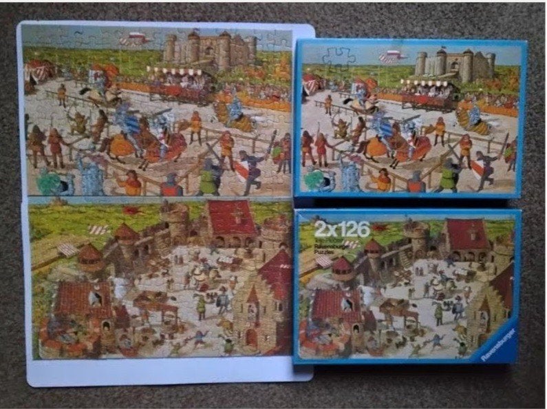 Vintage Ravensburger puzzel 'ridderburcht/ toernooiveld', Ophalen, Minder dan 500 stukjes, Zo goed als nieuw, Legpuzzel