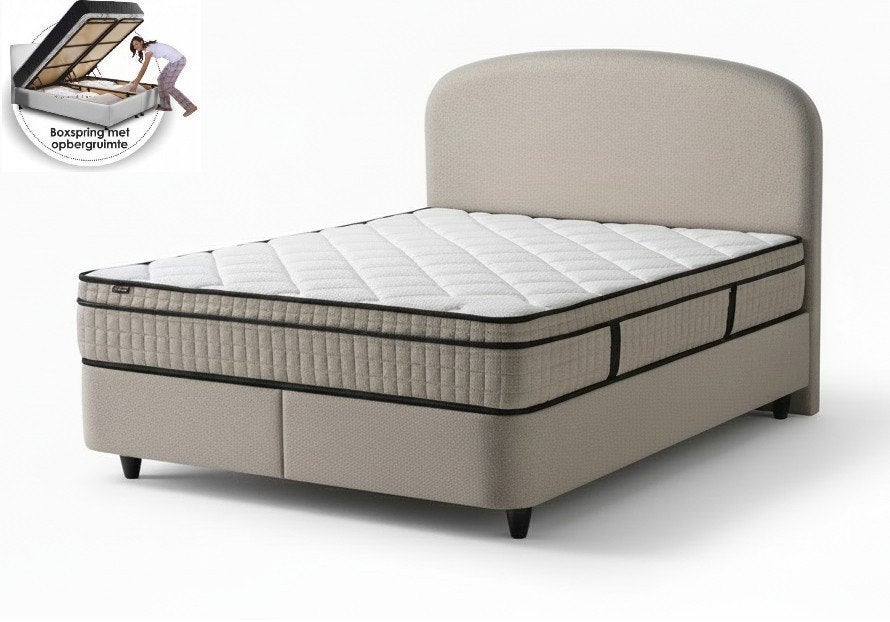 Boxspring Alice met Opbergruimte - Taupe - Incl. Matras-SALE, Huis en Inrichting, Slaapkamer | Bedden, Ophalen, Nieuw, Tweepersoons