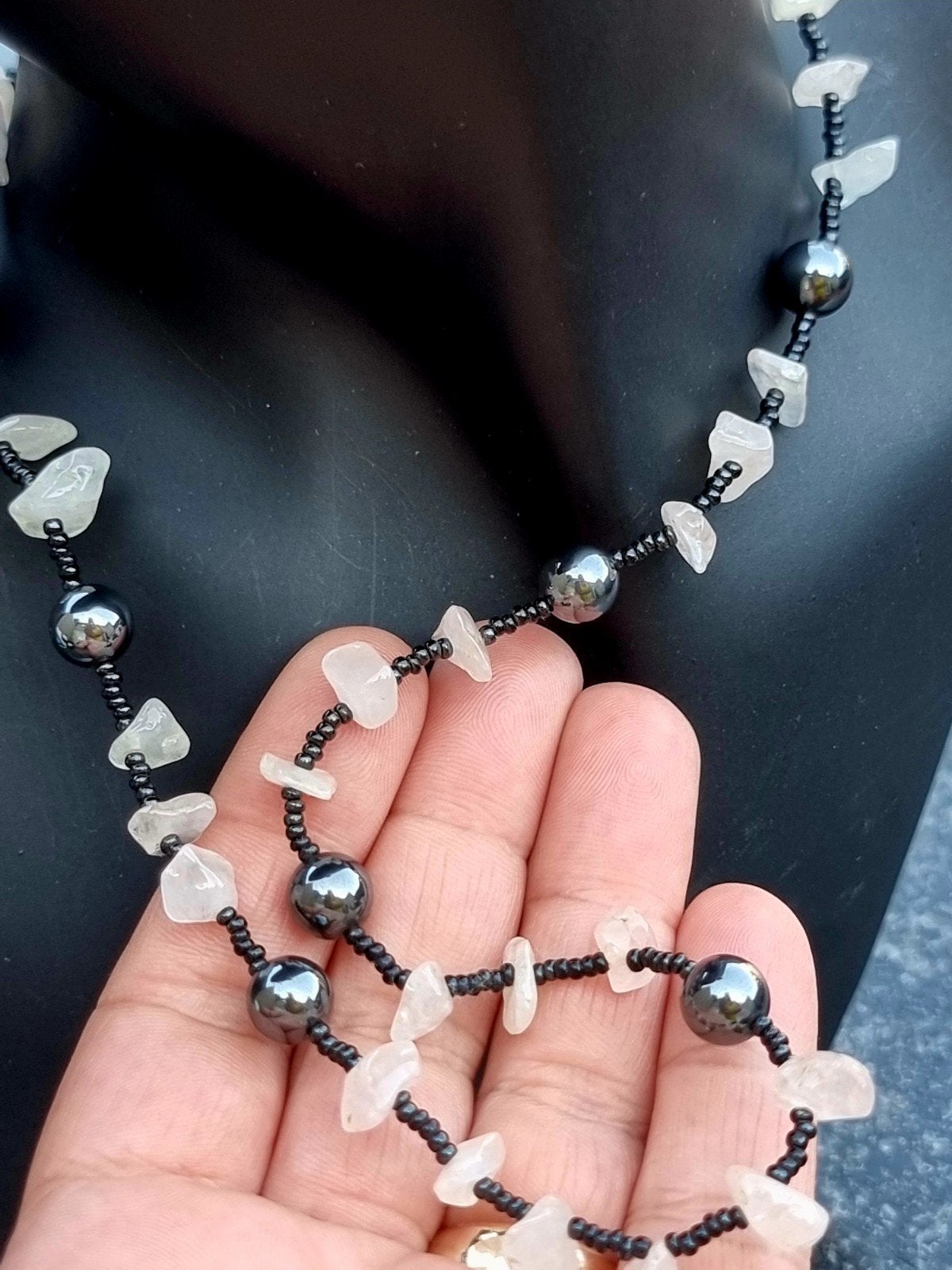 Vintage 90's hematiet en kwarts collier, Verzenden, Zo goed als nieuw, Steen of Mineraal