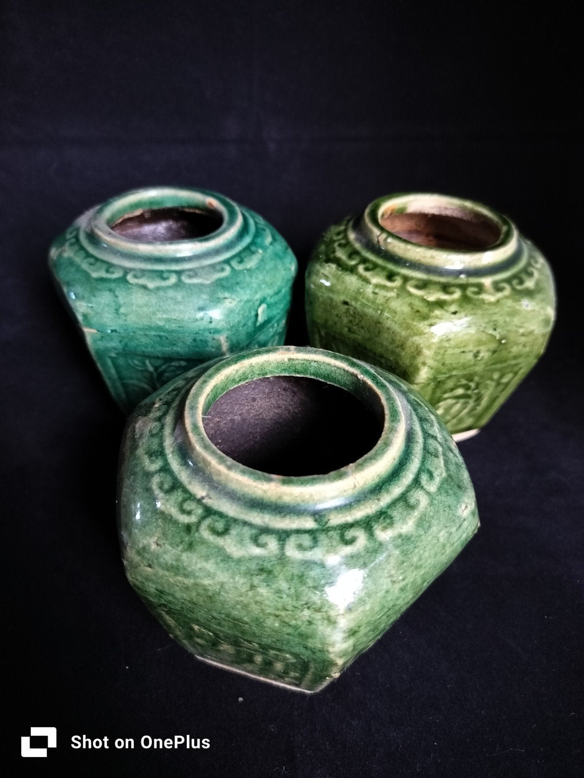 Set van 3 antieke gemberpotjes - Groen geglazuurd, Ophalen of Verzenden
