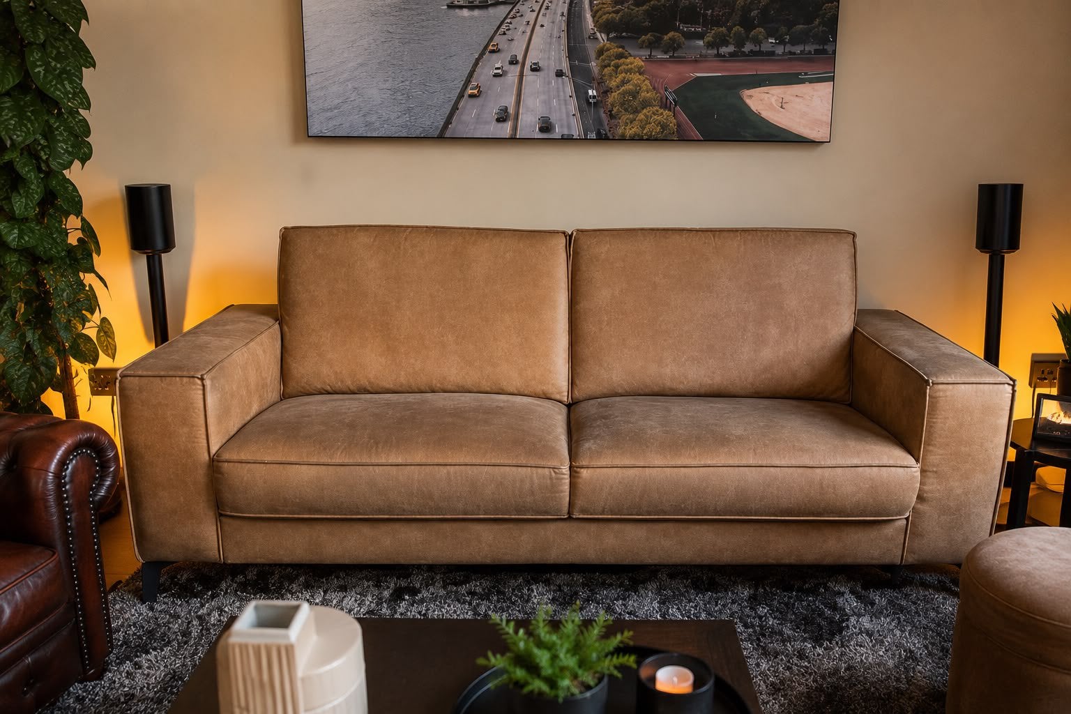 2,5-zits bank Pronto Wonen Cognac-Microleder, Ophalen, Driepersoons, 75 tot 100 cm, Zo goed als nieuw