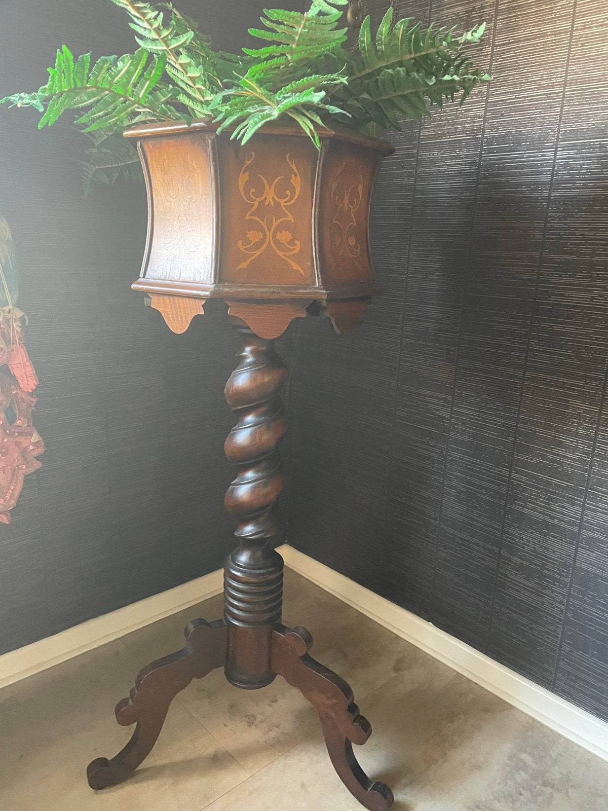 Antieke Intarsia Plantenbak/ planten zuil - 95 cm Hoog, Ophalen