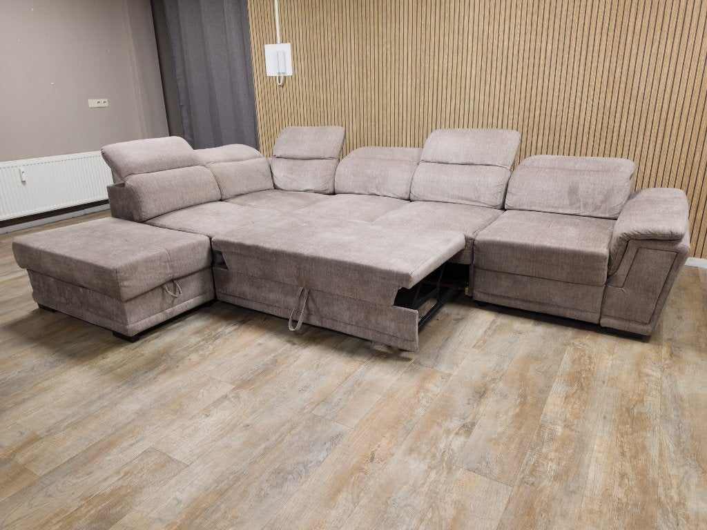 Zeer Mooi Groot Taupe Velvet Hoekbank met Slaapfunctie, Huis en Inrichting, Banken | Bankstellen, Info@banxtel.nl, 3194DC, Overige maten