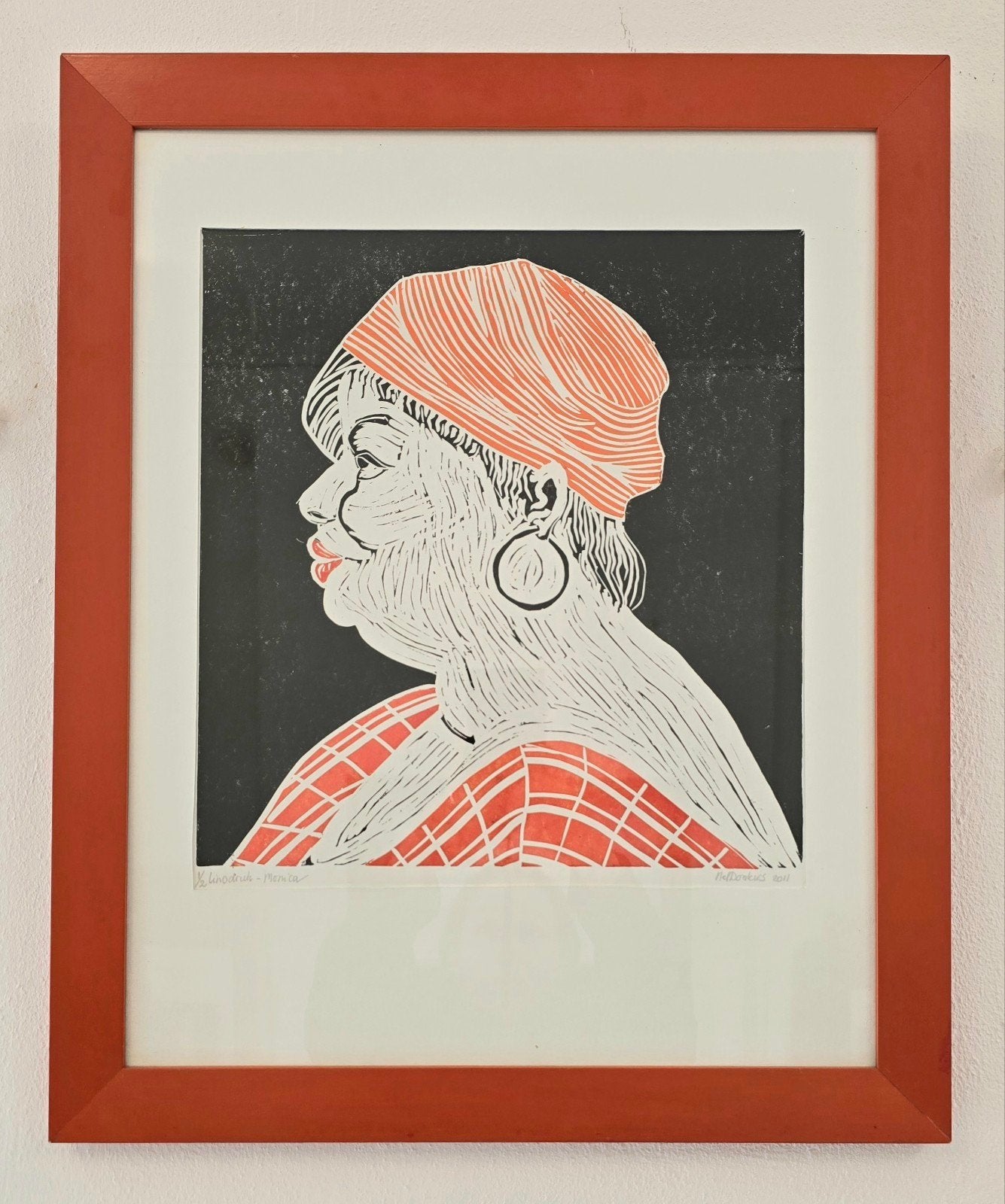LINODRUK 'MONICA' Portret schilderij oranje deco zeef kunst., Linosnede, Portret en Figuren, Ophalen of Verzenden, Gelimiteerde oplage
