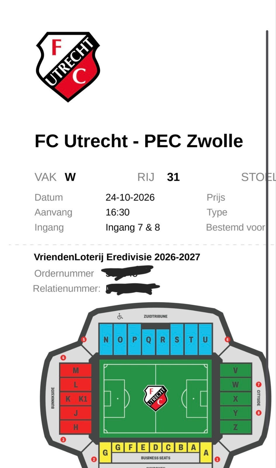 2 tickets FC Utrecht - Pec Zwolle, Losse kaart, Twee personen, Oktober