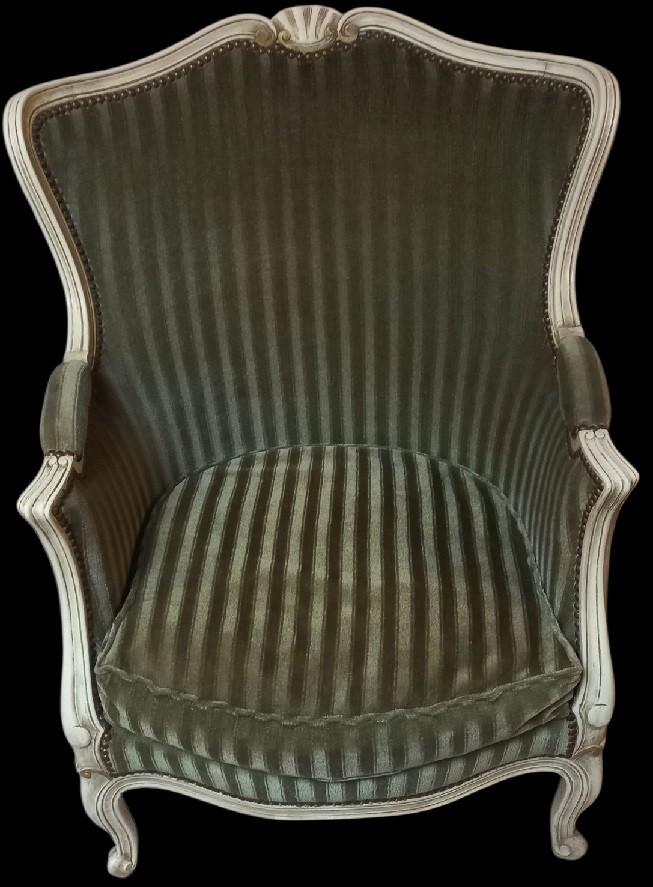 Louis XV Bergere zetel. groene bekleding, Antiek en Kunst, Antiek | Meubels | Stoelen en Banken, Ophalen