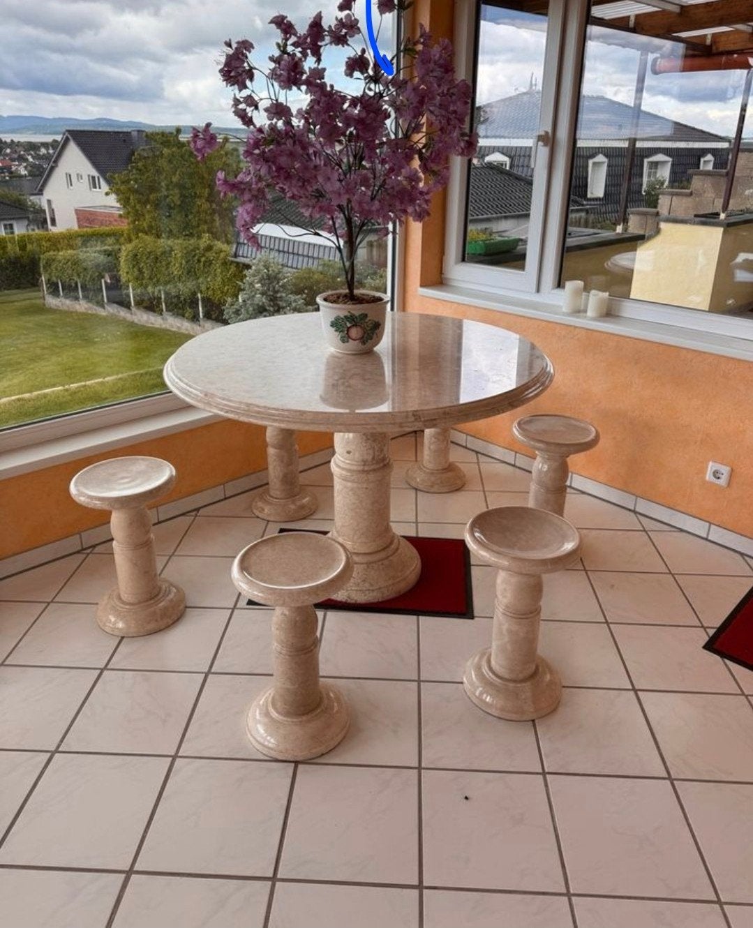 indonesië tafel marmer  met 6 krukken, Overige materialen, Gebruikt, Klassiek, Rond