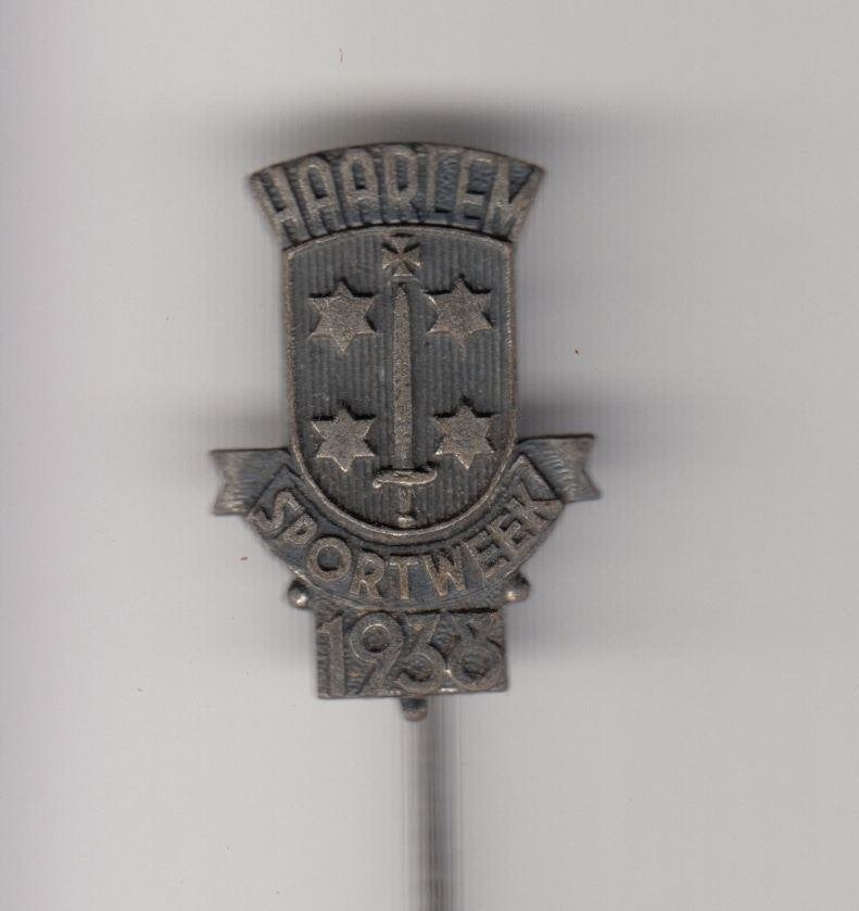 Haarlem 1938 Sportweek Stadswapen speldje, Verzamelen, Speldjes, Pins en Buttons, Gebruikt, Niet vindbaar, Niet vindbaar, Speldje of Pin