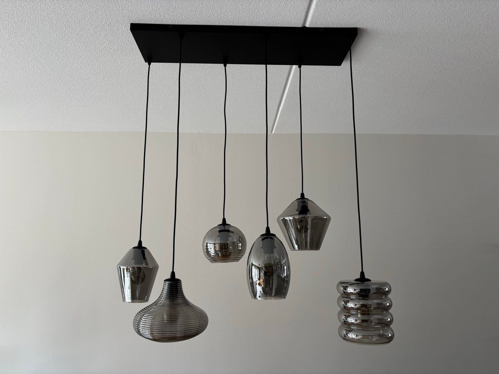 Hanglamp met 6 glazen kappen - Zwart/Grijs, Ophalen, Zo goed als nieuw, Glas