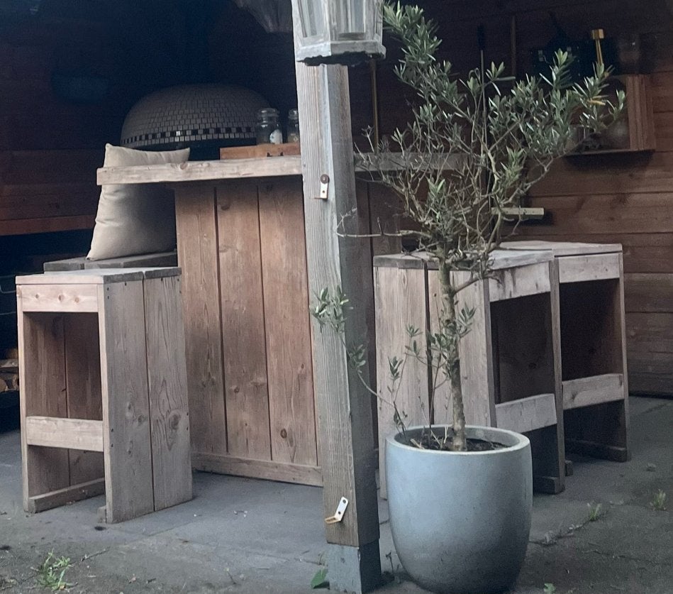 Houten bartafel met 4 barkrukken, Ophalen, Gebruikt, 90 cm of meer, 4 krukken