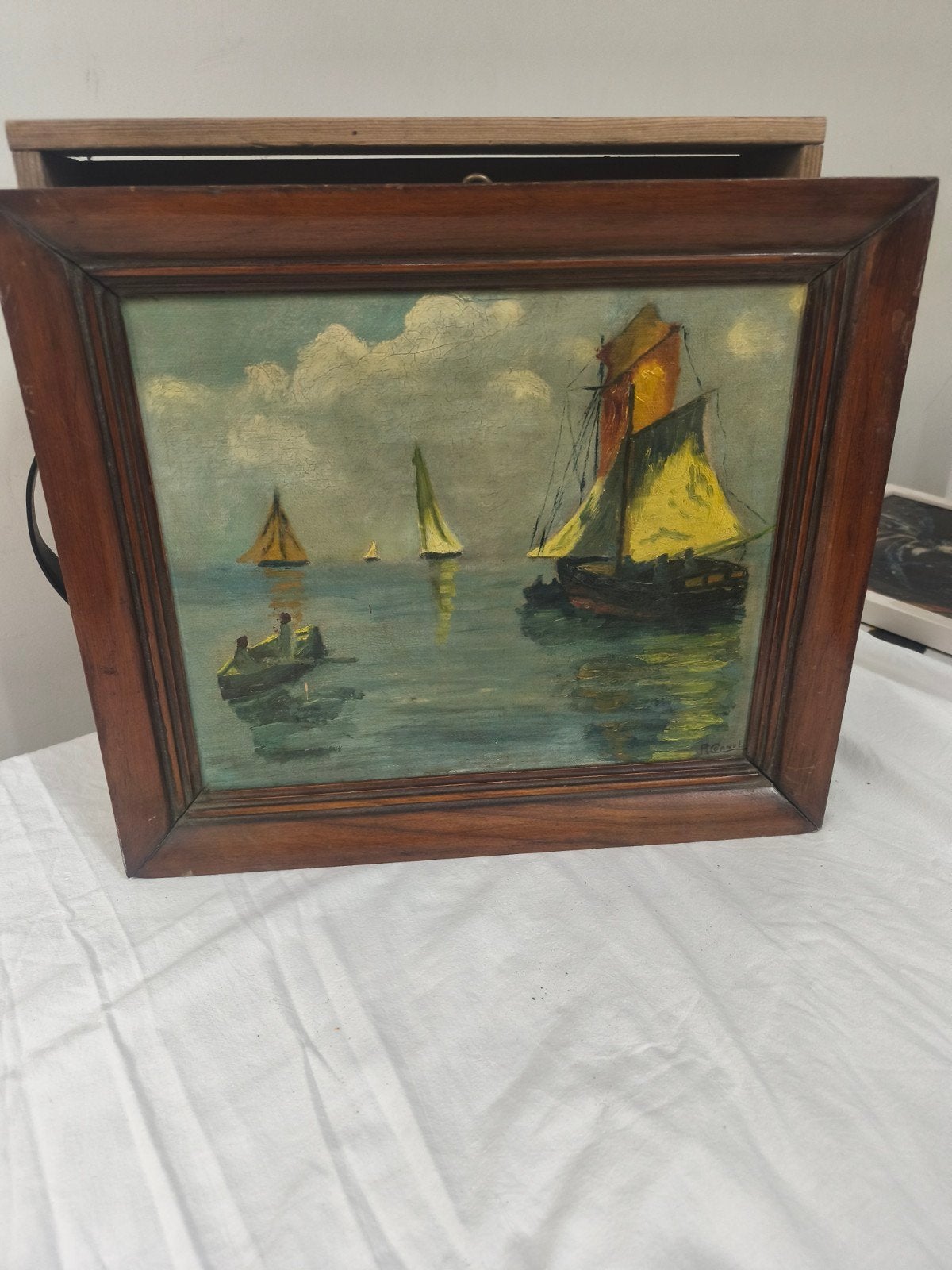 Schilderij met zeilschepen op het water, ingelijst HG Nuenen, Maritiem / water, Ingelijst, Doek, Realistisch