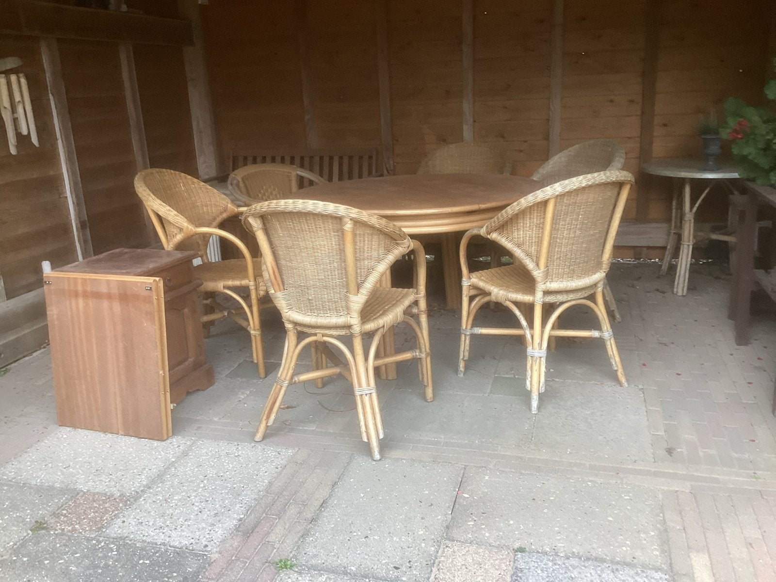 Rotan eethoek met ronde tafel en 6 stoelen, Tuin en Terras, Ophalen, Gebruikt, Rond