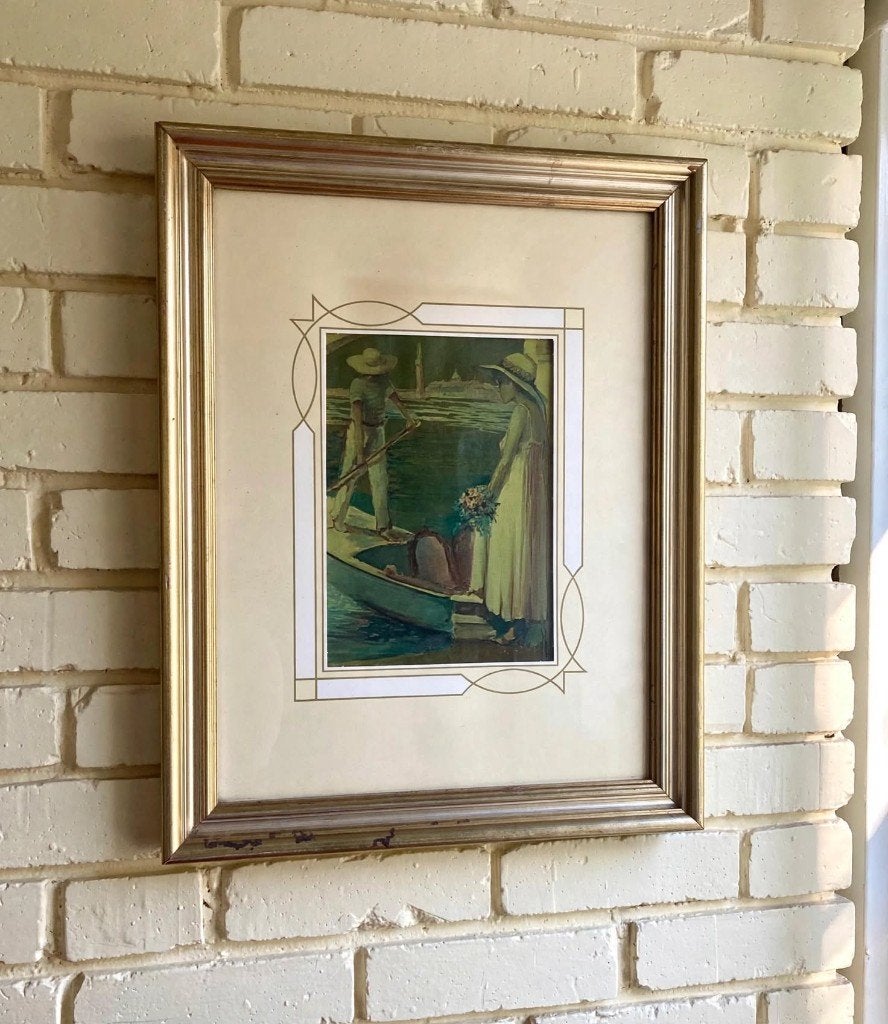 Sfeervolle lithografie Venezia – romantisch stel in gondel, Minder dan 50 cm, Gebruikt, Overige typen, Ophalen of Verzenden