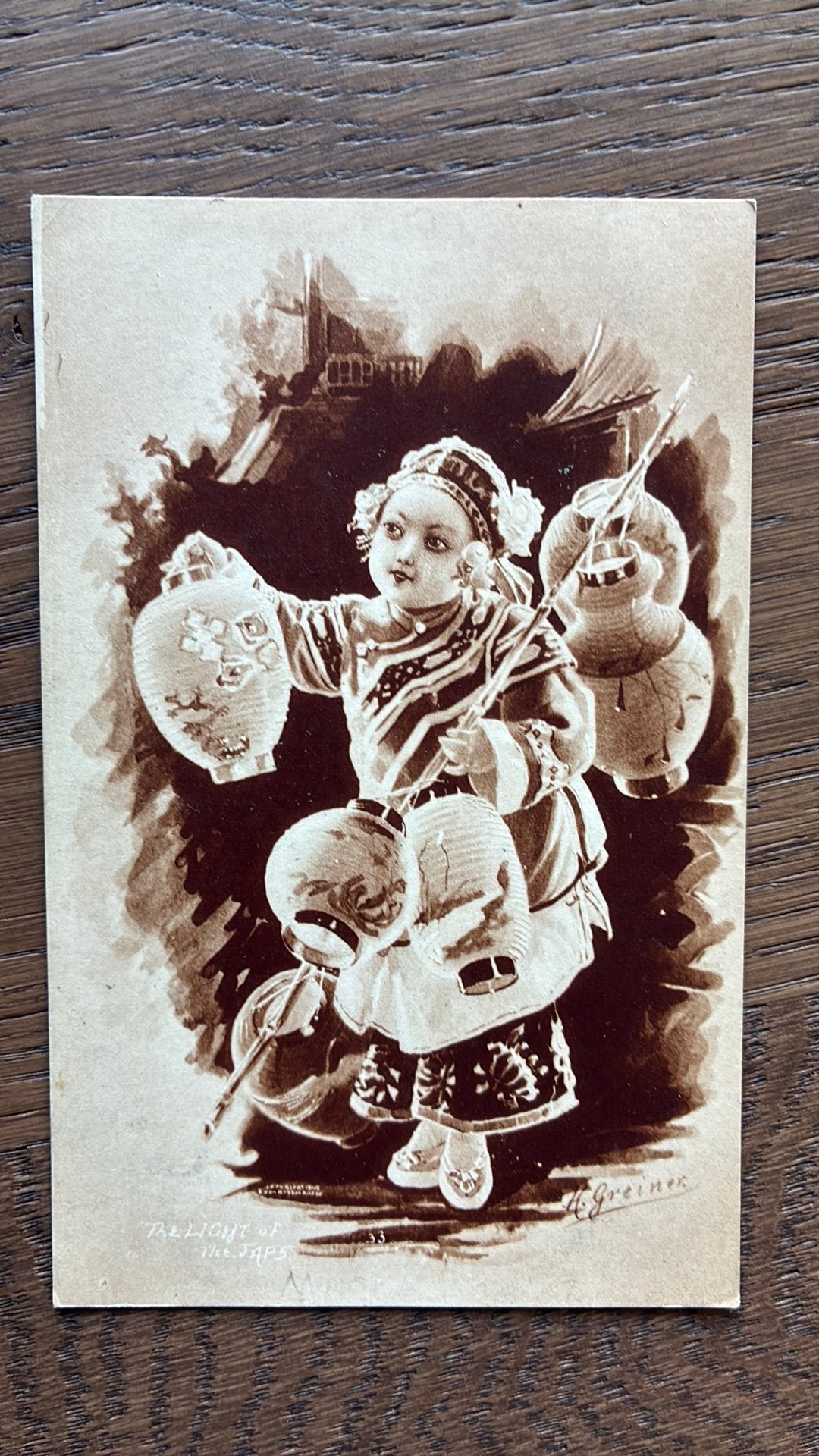 Lampionnenmeisje.Gesign. Greiner.Meisje verkoopt lampionnen, Ophalen of Verzenden, Kinderen