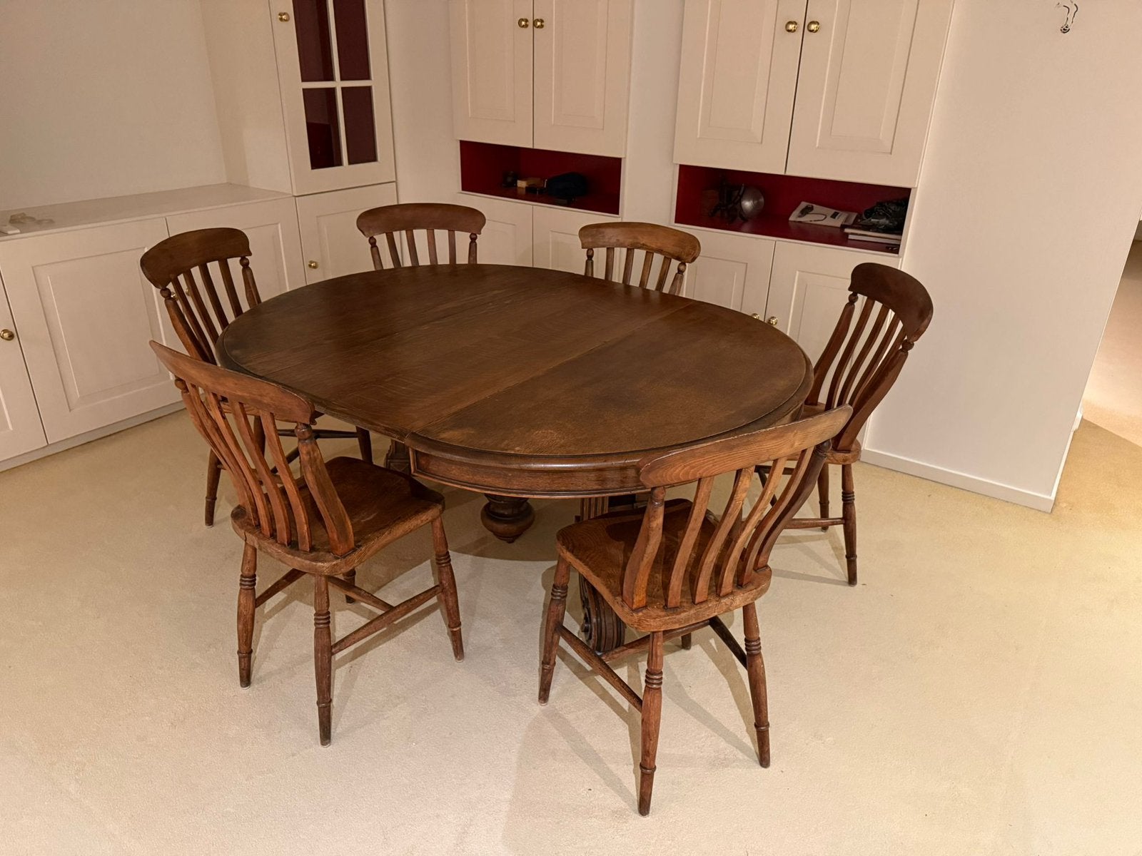 Antieke coulissentafel + 6 windsor spijlstoelen, Ophalen