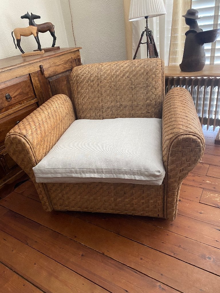 Rivièra Maison rieten fauteuil, Huis en Inrichting, Fauteuils, Ophalen, Méditerraan, Gebruikt, 100 tot 125 cm