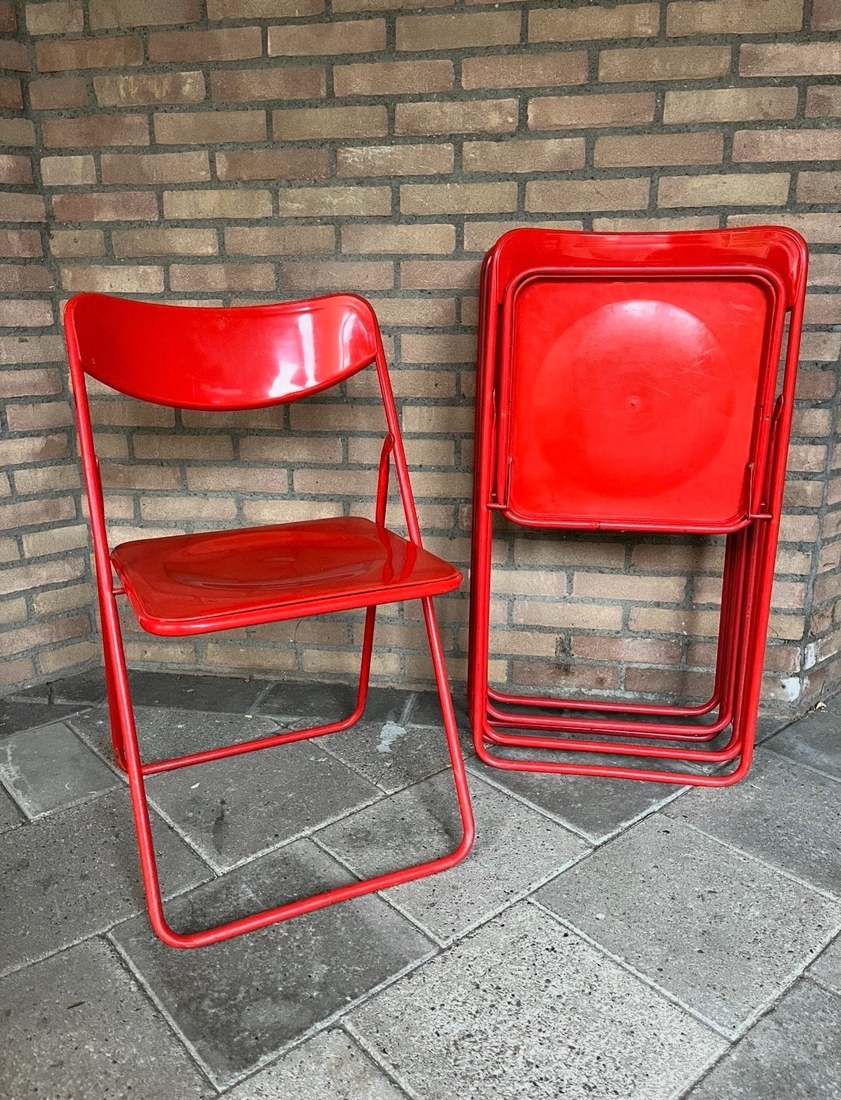 Vintage Klapstoelen Ikea Niels Gammelgaard rood 4 stuks, Huis en Inrichting, Ophalen, Gebruikt, Vier, Metaal