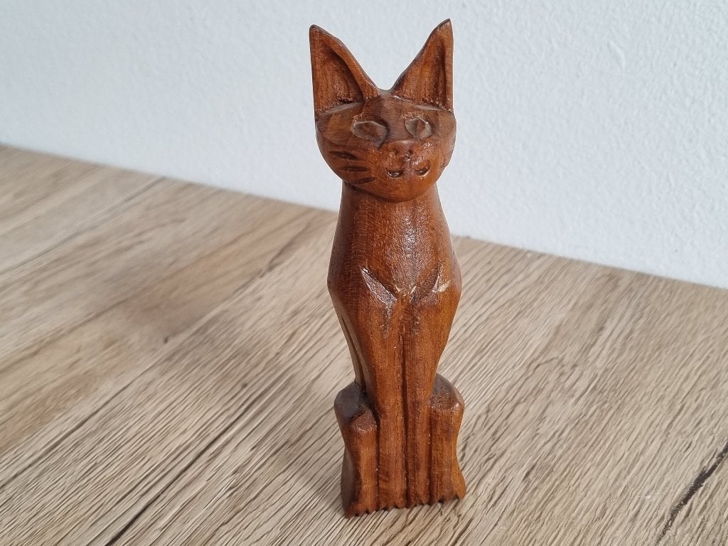 Mooie Vintage Mid century Kat Poes Teak Hout Handcarved, Verzenden, Gebruikt, Dier