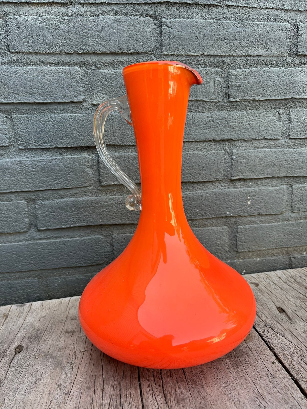 Vintage Empoli Oranje Glazen Vaas Karaf met Handvat, Ophalen